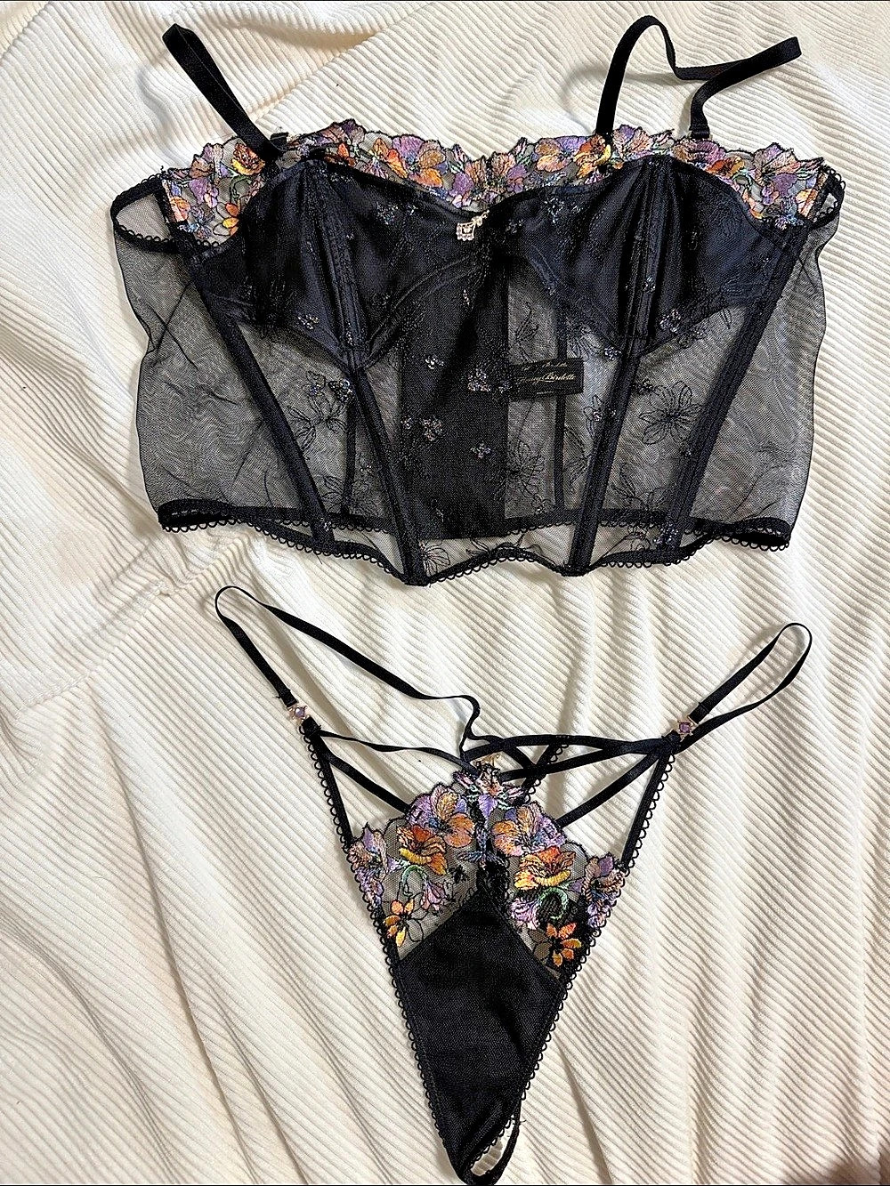 Honey Birdette Floral Lace Lingerie Set Black & Multicolor Large